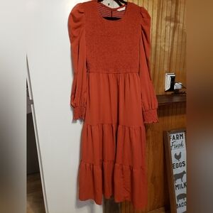 Maxi A-line Silhouette Puff Long Sleeve Burnt Orange Med Dress Smocked bodice